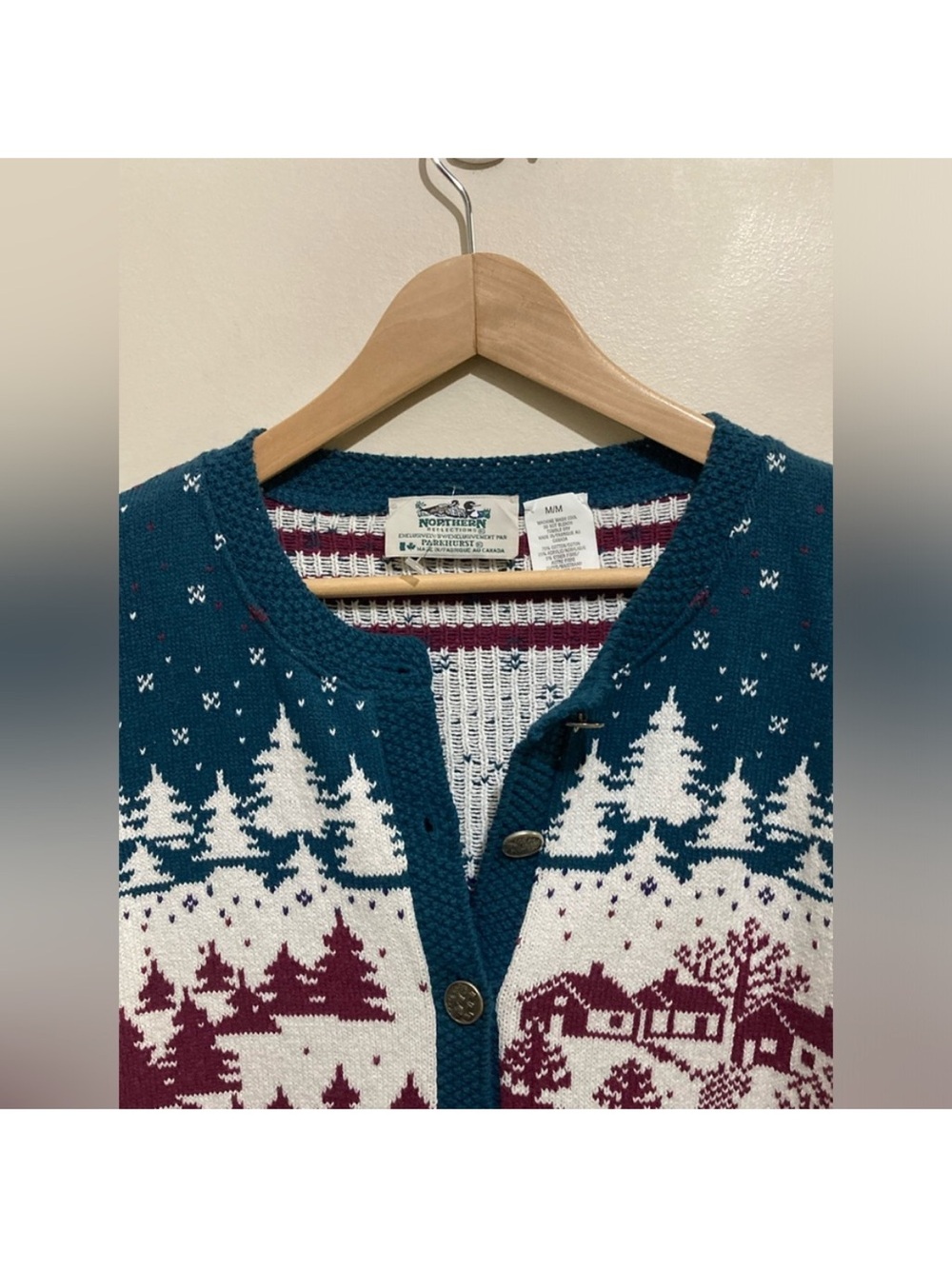 Vintage 90s Northern Reflections Winter Scene Knit Cardigan Size Medium - Picture 6 of 12